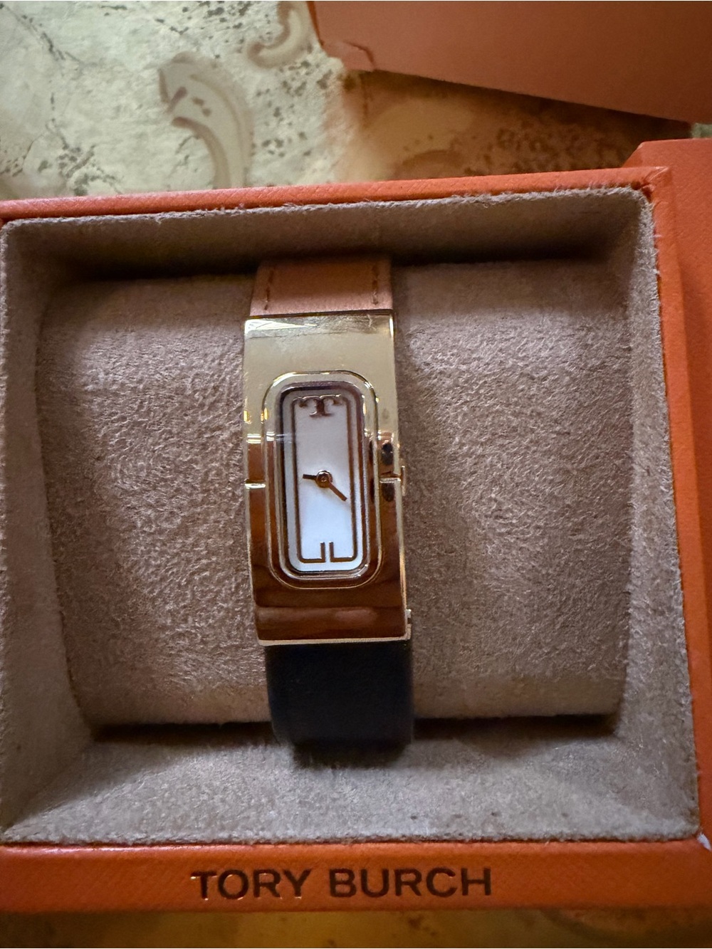 Tory Burch Gold-Tone Rectangular Dial Leather Strap Watch